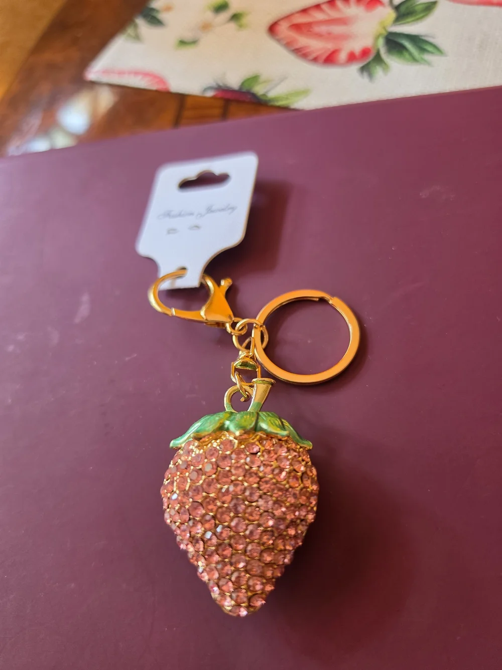 🍓Sparkly Pink Strawberry Key & Card Charm with Gold Hardware